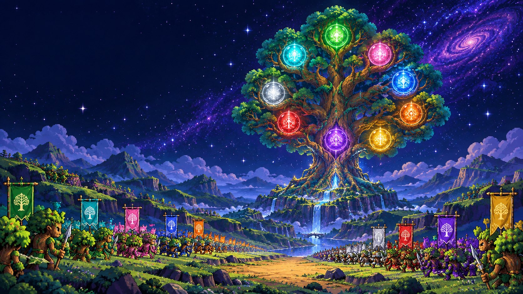 Nine armies of walking Trees march under Yggdrasil